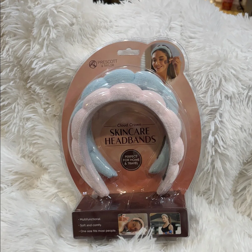 2 Pack Comfortable & Pretty Cloud Crown Skincare Headbands Pink and Blue NWT